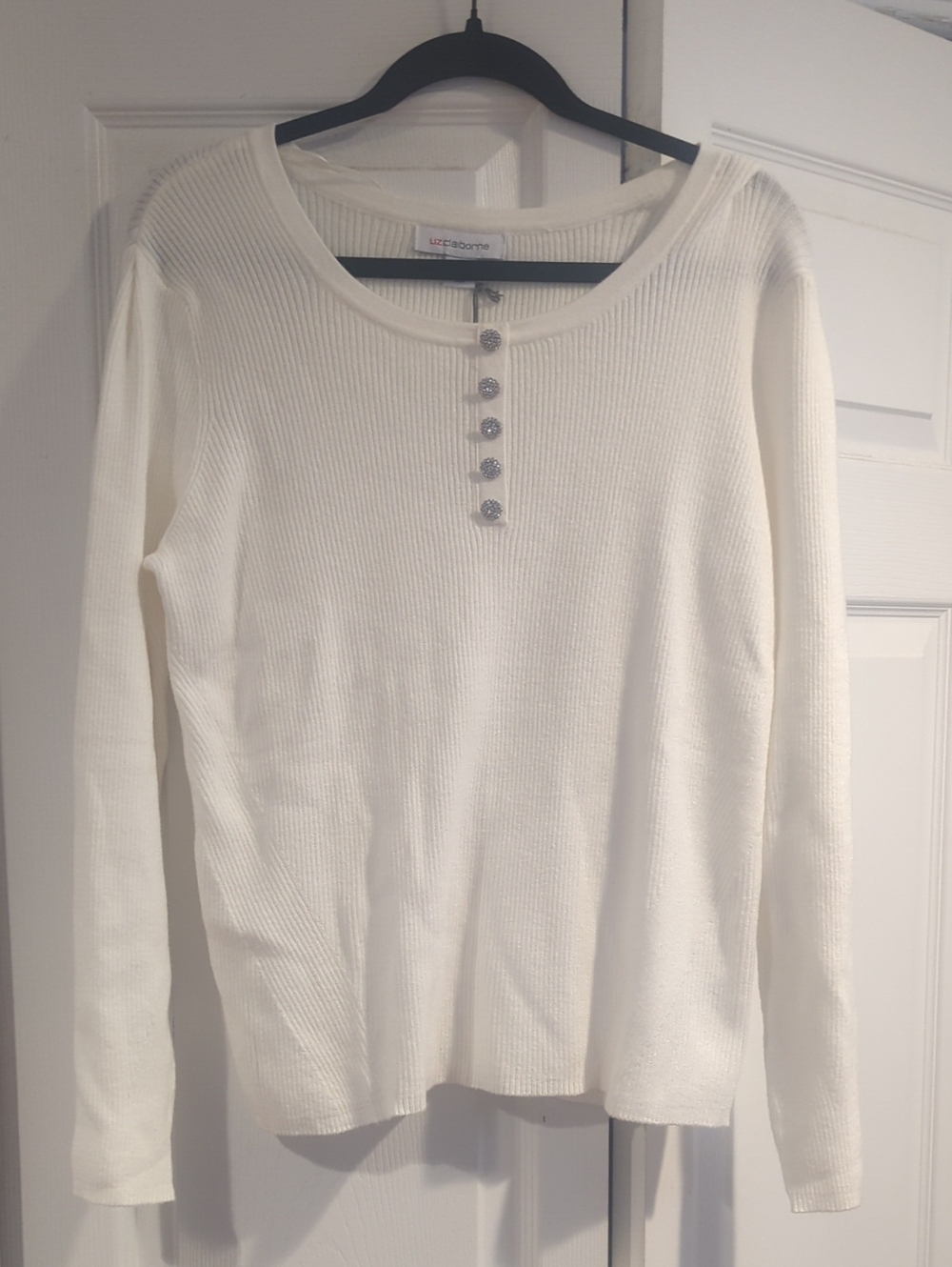 Liz Claiborne Cream Ribbed Henley Long Sleeve Top with Decorative Buttons